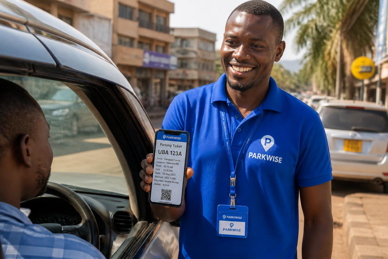 Parkwise attendant in a branded Parkwise T-shirt showing a driver the parking ticket on a phone
