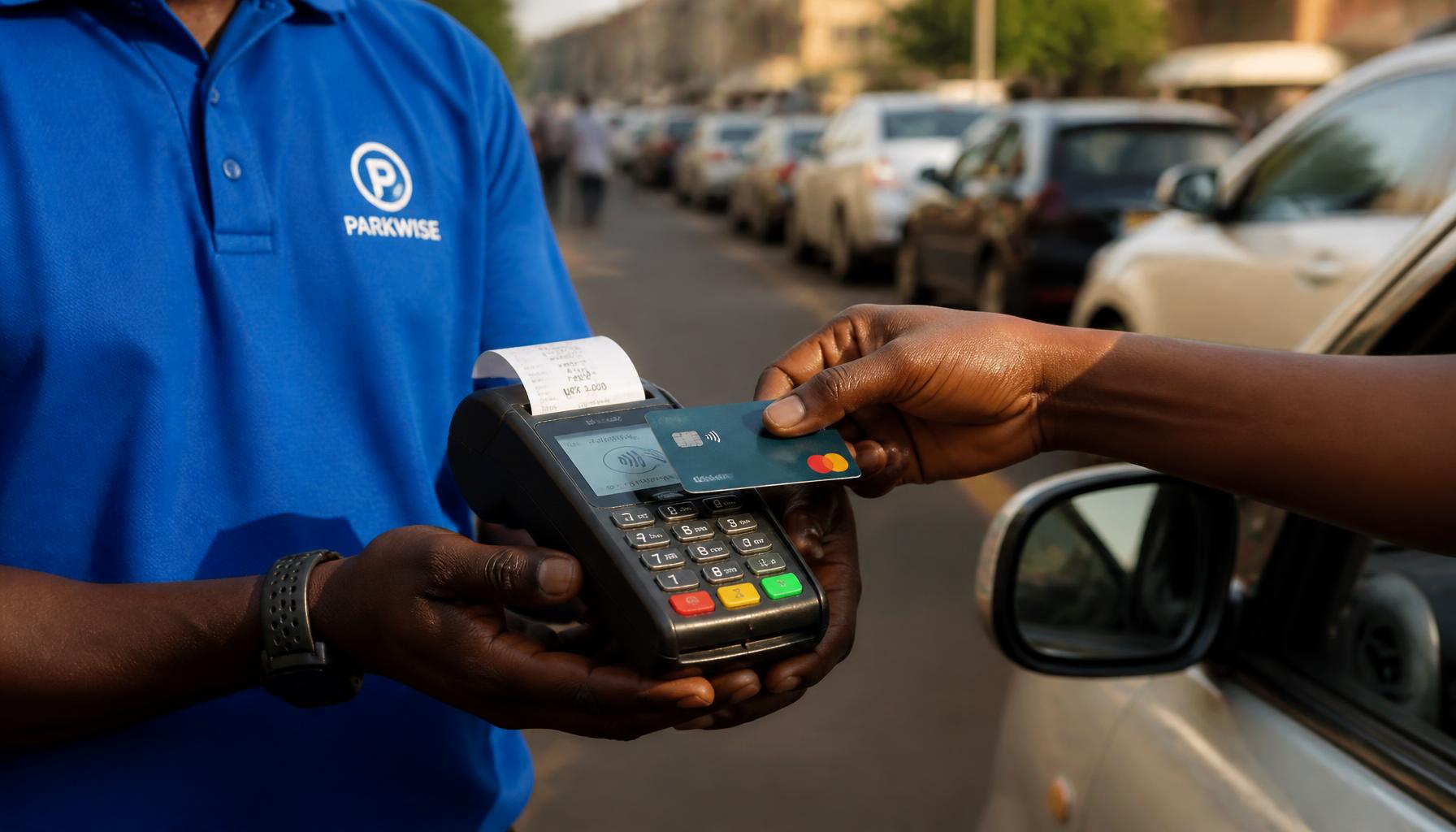 Driver tapping a bank card on a Parkwise POS terminal held by an attendant
