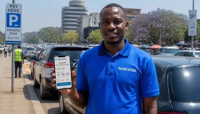 Parkwise attendant in a branded blue Parkwise shirt using the Parkwise app on a phone
